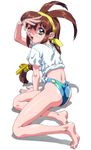  ass barefoot battle_athletes brown_hair full_body hairband hand_over_face kanzaki_akari long_hair looking_at_viewer low-tied_long_hair official_art one_eye_closed rolled shiny shiny_skin shirt short_sleeves simple_background solo t-shirt white_background yellow_eyes 