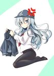  anger_vein black_hat black_legwear blue_eyes blush chize eyebrows_visible_through_hair flat_cap floating_hair food_print from_side full_body grey_skirt hair_between_eyes hat hibiki_(kantai_collection) holding_skirt kantai_collection kneeling long_hair looking_at_viewer miniskirt neckerchief panties panties_under_pantyhose pantyhose pleated_skirt print_panties red_neckwear school_uniform serafuku shirt silver_hair skirt skirt_removed solo strawberry_panties strawberry_print underwear very_long_hair white_panties white_shirt 