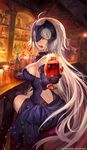  1girl ahoge alcohol bangs bar bar_stool blue_dress blush bottle breasts caster_(fate/zero) cup dress drinking_glass elbow_gloves eyebrows_visible_through_hair fate/grand_order fate_(series) from_side gloves gold_trim grey_hair half-closed_eyes hand_up headpiece highres holding holding_cup indoors jeanne_d'arc_(alter)_(fate) jeanne_d'arc_(fate)_(all) lack large_breasts long_hair looking_at_viewer official_art open_mouth purple_gloves purple_legwear sideboob sitting solo_focus stool teeth thighhighs type-moon very_long_hair watermark wine wine_bottle wine_glass yellow_eyes 