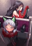  animal_ears ball_gag bare_shoulders bdsm black_hair blush bodysuit bondage bondage_mittens bound breast_rest breasts cat_ears dress fake_animal_ears femdom gag kaitou_silvercat large_breasts long_hair multiple_girls pillory purinpu purple_eyes red_dress red_eyes restrained silver_hair smile 