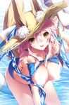  :p absurdres animal_ears bikini blue_bikini breasts censored cleavage commentary_request ears_through_headwear fate/extra fate_(series) fox_ears fox_tail hat highres innertube large_breasts nipple_censor pink_hair senomoto_hisashi solo straw_hat sun_hat swimsuit tail tamamo_(fate)_(all) tamamo_no_mae_(fate) tamamo_no_mae_(swimsuit_lancer)_(fate) tongue tongue_out yellow_eyes 
