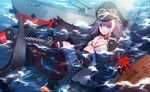  azur_lane black_hair blue_eyes boots breasts cross-laced_footwear deutschland_(azur_lane) gloves goggles goggles_on_headwear hat high_heel_boots high_heels lace-up_boots looking_at_viewer majiang medium_breasts partially_submerged platform_footwear rigging smile solo water 