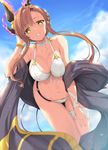  adjusting_hair bare_shoulders bent_over bikini braid breasts brown_hair cleavage cloud covered_nipples day granblue_fantasy groin hair_ornament highres large_breasts long_hair looking_down nakano_sora navel sky solo song_(granblue_fantasy) swimsuit wet yellow_eyes 