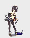  :d animal_ears bangs bare_shoulders belt black_hair black_legwear boots brooch cat_ears cat_tail chainsaw character_request contrapposto criss-cross_halter detached_collar elbow_gloves eyebrows_visible_through_hair fang fingerless_gloves full_body gloves grey_background hair_ribbon halterneck highres jewelry kaede_(003591163) leaning_forward midriff navel o-ring o-ring_top open_mouth pantyhose ponytail red_eyes ribbon short_shorts shorts simple_background smile solo standing swept_bangs tail wrench 