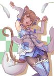  :3 :d animal_ears armpits arms_up ass_visible_through_thighs bangs bare_shoulders black_legwear blue_bow blue_choker blue_dress blue_legwear blue_ribbon blush_stickers bob_cut bolo_tie bow bow_dress brown_hair cat_ears cat_tail cat_teaser checkered checkered_background choker clenched_hands collarbone colored_eyelashes commentary cross-laced_clothes detached_sleeves dress dress_bow eyebrows_visible_through_hair eyelashes fang feet_up felix_argyle fingernails frilled_dress frills front-tie_top hair_between_eyes hair_bow hair_ribbon happy highres jewelry jumping large_bow layered_dress looking_at_viewer male_focus open_mouth orange_eyes otoko_no_ko panties panties_under_pantyhose pantyhose parted_bangs paw_pose pendant re:zero_kara_hajimeru_isekai_seikatsu ribbon shade short_dress short_eyebrows short_hair simple_background smile solo spaghetti_strap striped striped_legwear striped_ribbon tail thick_eyebrows thigh_gap thighhighs thighhighs_over_pantyhose underwear vertical-striped_dress vertical-striped_legwear vertical_stripes white_background white_bow white_dress yougen_kitsune 