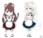  :3 animal_ears apron artist_name bell bell_collar blue_eyes brown_eyes brown_hair chibi collar crossed_arms diana_cavendish eliln eyebrows_visible_through_hair frown full_body highres kagari_atsuko kemonomimi_mode little_witch_academia long_hair looking_at_viewer maid maid_apron multiple_girls shoes signature simple_background skirt smile socks tail thighhighs whiskers white_background white_hair white_legwear 