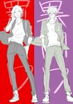  a_(xxxnulll) alternate_costume arms_at_sides full_body looking_at_viewer male_focus multiple_boys persona persona_1 persona_2 persona_dancing shoes short_hair simple_background sneakers suou_tatsuya toudou_naoya two-tone_background 