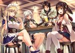  3girls :d alcohol bad_id bad_twitter_id bangs bare_shoulders beer beer_mug black_gloves black_hair blonde_hair blue_eyes breasts brown_eyes cleavage commentary_request crossed_legs cup detached_sleeves dorei_kara_hajimaru_nariagari_eiyuudensetsu elbow_gloves froth gloves gun hair_ribbon handgun holding holding_cup holding_gun holding_weapon holster juliana_(dorei_kara) large_breasts long_hair lyudmila_(dorei_kara) maid maid_headdress mark_(dorei_kara) moneti_(daifuku) multiple_girls neck_ribbon novel_illustration official_art open_mouth parted_lips pistol puffy_short_sleeves puffy_sleeves red_scarf ribbon robe scarf short_sleeves silver_hair sitting smile table thigh_holster thighhighs twintails very_long_hair weapon white_legwear wide_sleeves yellow_eyes yolanda_(dorei_kara) 