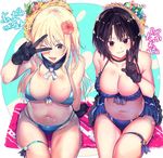  atago_(kantai_collection) belly bikini bikini_skirt black_gloves black_hair blonde_hair blue_eyes breasts cafe_au_lait_(kafeore) choker cleavage collarbone eyebrows_visible_through_hair flower frilled_bikini frills fur_collar gloves grin hair_flower hair_ornament hat kantai_collection large_breasts long_hair looking_at_viewer multiple_girls navel one_eye_closed open_mouth outside_border plump red_eyes short_hair sitting skindentation smile straw_hat striped striped_bikini swimsuit takao_(kantai_collection) thigh_strap towel v 