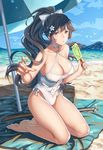  absurdres azur_lane barefoot beach_umbrella blue_sky bokken breasts brown_hair casual_one-piece_swimsuit cleavage day food highres horizon kneeling lalatia-meai large_breasts melting ocean one-piece_swimsuit popsicle sand sky swimsuit sword takao_(azur_lane) umbrella weapon wooden_sword yellow_eyes 