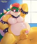  2016 anthro balls bowser collar erection flaccid hair hi_res humanoid_penis koopa looking_down male mario_bros nintendo nude overweight penis retracted_foreskin scalie simple_background sitting solo spiked_collar spikes spread_legs spreading uncut video_games willisrisque 