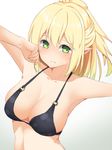  alternate_costume armpits bad_id bad_pixiv_id black_bikini_top blonde_hair blush breasts cleavage closed_mouth collarbone commentary_request frown green_eyes hair_between_eyes half_updo long_hair looking_at_viewer medium_breasts mizuhashi_parsee outstretched_arms solo spread_arms touhou yusake_san 
