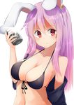  absurdres animal_ears bad_id bad_pixiv_id bikini black_bikini blue_skirt breasts bunny_ears can cleavage collarbone commentary_request front-tie_bikini front-tie_top halter_top halterneck highres long_hair looking_at_viewer medium_breasts navel purple_hair red_eyes reisen_udongein_inaba skirt smile solo swimsuit touhou upper_body yusake_san 