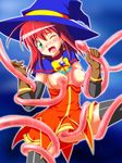  1girl alice_uisshuhato alice_wishheart blush breast_grab breasts dress earrings female gloves grabbing green_eyes hat jewelry long_hair magical_halloween majikaruharouin nipples no_panties red_hair solo takappe tentacle thighhighs witch_hat 