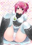  bad_id bad_pixiv_id blush boots breasts cameltoe cheria_barnes cross-laced_footwear heart knee_boots kurimomo large_breasts legs panties pantyshot pantyshot_(sitting) pink_eyes pink_hair pink_panties polka_dot polka_dot_background short_hair sitting skirt solo spread_legs tales_of_(series) tales_of_graces thighs underwear white_background 