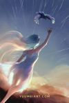  1girl aqua_hair arm_up bird blue_sky dress dutch_angle from_behind gradient_hair highres iridescent multicolored_hair original see-through sky solo sunrise walk-in watermark web_address wenqing_yan white_dress white_hair wind 