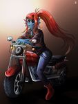  2016 animal_humanoid biker biped black_eyes blue_skin boots brown_background chain cigarette cigarette_in_mouth clothed clothing crossed_arms digital_media_(artwork) digital_painting_(artwork) directional_arrow ear_frills eyelashes female fish fish_humanoid footwear frill front_view full-length_portrait gradient_background hair hair_over_eye half-closed_eyes humanoid jacket jeans kemono leaning leaning_forward leather leather_jacket long_hair looking_at_viewer looking_away marine motorcycle multicolored_skin noseless object_in_mouth pants ponytail portrait pose red_eyeshadow red_hair red_skin rolled_up_sleeves ryonggay signature simple_background sitting smile solo tomboy two_tone_skin undertale undyne vehicle video_games 