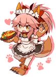  animal_ears apron blush bow breasts brown_eyes chibi eyebrows_visible_through_hair fangs fate/grand_order fate_(series) fox_ears full_body hair_bow heart holding holding_tray large_breasts long_hair looking_at_viewer maid maid_apron maid_headdress naga_u open_mouth paw_shoes pink_hair red_bow shoes smile solo tamamo_(fate)_(all) tamamo_cat_(fate) tray 