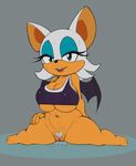  2017 absurd_res anthro bat big_breasts bottomless breasts cleavage clothed clothing edit eyelashes female gray_impact half-closed_eyes hand_on_hip hi_res mammal navel navel_piercing nipple_bulge piercing pubes pussy pussy_juice rouge_the_bat short_stack smile solo sonic_(series) sweat under_boob wings 