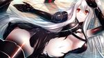  absurdres afloat aircraft_carrier_hime breasts cleavage commentary_request fuuki_(te_fuukin) gauntlets highres kantai_collection large_breasts long_hair looking_at_viewer lying navel one_side_up parted_lips red_eyes shinkaisei-kan solo torn_clothes white_hair white_skin 