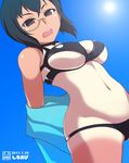 2017 absurdres bikini black_hair blue_sky breasts brown_eyes chibi covered_nipples dated day from_below girls_und_panzer groin hair_between_eyes highres kawashima_momo large_breasts looking_at_viewer monocle navel open_mouth partially_undressed shiroobi_(whitebeltmaster) short_hair sky solo swimsuit swimsuit_tan tan thighhighs underboob v-shaped_eyebrows 