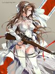  ass_visible_through_thighs bolt_action breasts brown_hair character_name covered_navel girls_frontline gloves goggles goggles_on_head green_eyes grey_background gun highres holding holding_weapon large_breasts lee-enfield lee-enfield_(girls_frontline) leotard long_hair looking_to_the_side parted_lips red_ribbon ribbon rifle scope signature sniper_rifle solo thighhighs weapon white_gloves white_legwear white_leotard yang-do 