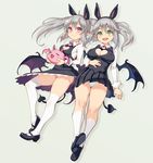  :d animal_ears bat_wings black_footwear black_skirt breasts cleavage cleavage_cutout closed_mouth commentary_request covered_nipples creature demon_tail drop_shadow fake_animal_ears fangs floating_hair full_body grey_background grey_hair hairband hand_on_own_stomach heart kneehighs large_breasts legs long_sleeves looking_at_viewer low_wings lying mary_janes medium_breasts medium_hair multiple_girls on_back open_mouth original over-kneehighs panties pantyshot pink_eyes pink_panties pleated_skirt ryoji_(nomura_ryouji) shoes simple_background skirt smile tail thighhighs two_side_up underwear white_panties wings 