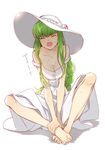  bangs bare_shoulders barefoot blush breasts buttons c.c. cleavage closed_eyes code_geass collarbone creayus dress eyebrows_visible_through_hair facing_viewer full_body green_hair hat knees_up long_hair medium_breasts open_mouth pom_pom_(clothes) shouting simple_background sitting sleeveless sleeveless_dress solo spread_legs straight_hair strap_slip sun_hat sundress sweat tantrum teeth translated very_long_hair white_background white_dress white_hat 
