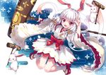  :3 absurdres animal_ears blush bunny bunny_ears character_request eyebrows_visible_through_hair highres japanese_clothes kimono kimono_skirt kneehighs looking_at_viewer mallet medium_hair noah_fantasy north_abyssor open_mouth red_eyes sandals smile solo v white_hair white_legwear 