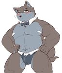  2017 anthro band-aid bandage biped black_nose blush bow_tie brown_fur bulge canine clothed clothing dog eyebrows flying_sweatdrops frown fur grey_fur hands_on_hips inner_ear_fluff looking_down male mammal multicolored_fur muscular muscular_male navel partially_clothed sheeporwolf simple_background skimpy solo standing stocky sweat sweatdrop topless two_tone_fur underwear white_background yellow_eyes 