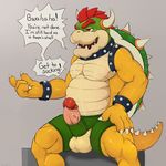  2017 balls bowser clothing digital_media_(artwork) erection hi_res horn humanoid_penis koopa koorivlf male mario_bros muscular muscular_male nintendo nude open_mouth penis scalie sitting slightly_chubby smile solo text underwear video_games 