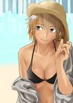  bikini bikini_top black_bikini black_bikini_top blush breasts brown_hair cleavage closed_mouth collarbone dark_skin eyebrows_visible_through_hair hat highres kilye_4421 large_breasts looking_away original smile solo swimsuit upper_body 
