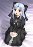  black_dress blue_hair bow cake dress empty_eyes food holding len long_hair looking_up melty_blood miyai_sen open_mouth plate pointy_ears red_eyes ribbon sitting solo tsukihime 
