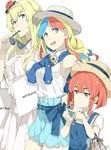  :d bag blonde_hair blue_eyes braid casual commandant_teste_(kantai_collection) commentary etorofu_(kantai_collection) fairy_(kantai_collection) hairband hat holding kantai_collection long_hair mitsukoshi_(department_store) multicolored_hair multiple_girls ninimo_nimo open_mouth red_hair shopping_bag short_hair silver_eyes simple_background smile straw_hat streaked_hair sunglasses twin_braids warspite_(kantai_collection) white_background 