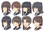  &gt;:) :&lt; :d :o alternate_hair_length alternate_hairstyle ayanami_(kantai_collection) blush bow braid brown_eyes brown_hair commentary_request fubuki_(kantai_collection) green_eyes grin hair_bow hair_extensions hatsuyuki_(kantai_collection) head ichikawa_feesu isonami_(kantai_collection) kantai_collection long_hair miyuki_(kantai_collection) multiple_girls open_mouth ponytail sailor_collar shikinami_(kantai_collection) shirayuki_(kantai_collection) side_ponytail sidelocks simple_background smile translated triangle_mouth uranami_(kantai_collection) v-shaped_eyebrows white_background 