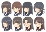  &gt;:) :&lt; :d :o alternate_hairstyle ayanami_(kantai_collection) blush brown_eyes brown_hair commentary_request empty_eyes fubuki_(kantai_collection) green_eyes grin hair_down hair_extensions hatsuyuki_(kantai_collection) head ichikawa_feesu isonami_(kantai_collection) kantai_collection long_hair miyuki_(kantai_collection) multiple_girls open_mouth sailor_collar shikinami_(kantai_collection) shirayuki_(kantai_collection) sidelocks simple_background smile translated triangle_mouth uranami_(kantai_collection) v-shaped_eyebrows white_background 