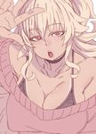 :o amanda_(sennen_sensou_aigis) bare_shoulders black_bra blonde_hair bra breasts cleavage close-up collarbone commentary_request covered_nipples eyebrows_visible_through_hair gyaru large_breasts looking_at_viewer medium_hair off_shoulder red_eyes sennen_sensou_aigis simple_background sketch solo sweater tan tasaka_shinnosuke underwear upper_body w white_background 