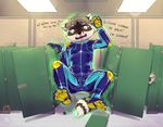  2017 anthro balls blush bodysuit bulge canine clothed clothing cobaltsynapse cub eyewear feet fur glasses growth hair macro male mammal raccoon rubber sitting skinsuit solo suit tight_clothing young 
