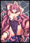  a4typhoon arms_up blue_eyes breasts consensual_tentacles dress earrings glasses highres jewelry lying medium_breasts no_panties noah_fantasy on_back pink_hair purple_dress smile solo spread_legs tentacle_hair tentacles thighhighs torn_clothes torn_legwear 