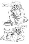  2017 anthro arm_support barefoot black_nose canine chopstick clothed clothing dialogue eating feet fluffy fluffy_tail food freckles front_view frown fur greyscale guide_lines hair hand_on_head holding_food holding_head holding_object humanoid_feet humanoid_hands hwi-jeong_(ryonggay) kemono korean_text leaning_on_elbow line_art looking_up lying male mammal monochrome multiple_poses musical_note noodles on_front open_mouth open_smile pan pencil_(artwork) pose raised_leg ramen ryonggay short_hair shorts simple_background sitting smile solo speech_bubble text traditional_media_(artwork) translation_request undershirt white_background wolf 