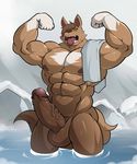  anthro balls big_penis canine erection flexing humanoid_penis maldu male mammal muscular outside penis retracted_foreskin solo standing tongue tongue_out uncut wet 