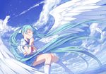  absurdly_long_hair aqua_hair closed_eyes cloud day feathers hands_clasped hatsune_miku highres interlocked_fingers kneehighs large_wings long_hair own_hands_together school_uniform serafuku skirt sky solo twintails very_long_hair vocaloid wings yue_yue 