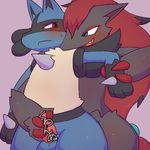  ambiguous_gender arm_grab balls blush censored duo feral grabbing_from_behind japanese_text looking_at_viewer looking_back lucario male nintendo open_mouth penis penis_grab pok&eacute;mon smile standing sweat teeth text video_games zoroark みぜる 