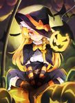  black_gloves black_hat black_legwear blonde_hair blush boots bow brown_footwear chiroru_(cheese-roll) elbow_gloves gloves hair_bow halloween hat hat_bow hat_ribbon highres jack-o'-lantern kirisame_marisa knee_boots kneehighs long_hair looking_at_viewer multicolored multicolored_clothes multicolored_gloves orange_bow orange_gloves orange_legwear orange_ribbon parted_lips pumpkin ribbon sitting sketch smile solo striped striped_legwear teeth touhou witch_hat yellow_eyes 