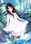  :d akiyama_sunao bangs bare_arms bare_shoulders black_hair breasts commentary_request dress forest highres leaf long_hair looking_at_viewer nature open_mouth original purple_eyes skirt_hold small_breasts smile soaking_feet solo standing sundress wading water white_dress 