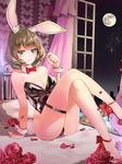  animal_ears ankle_bow ankle_ribbon arm_support bangs bare_arms bare_shoulders bed blue_eyes blunt_bangs blush bow bowtie breasts bunny_ears bunny_girl bunnysuit cleavage closed_mouth crossed_legs curtains damda detached_collar eyebrows_visible_through_hair eyelashes flower full_moon green_eyes hair_twirling hand_up heterochromia high_heels idolmaster idolmaster_cinderella_girls knees_up leotard medium_breasts mole mole_under_eye moon night night_sky on_bed petals reclining red_bow red_flower red_footwear red_neckwear red_ribbon red_rose ribbon rose shoes short_hair sitting sitting_on_bed sky smile solo star_(sky) starry_sky strapless strapless_leotard takagaki_kaede thigh_strap window wrist_cuffs 
