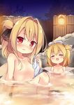  baku-p bath blonde_hair blush closed_eyes dual_persona fairy_wings flat_chest lily_black lily_white long_hair looking_at_viewer multiple_girls nude onsen open_mouth outdoors partially_submerged red_eyes ribbon smile touhou towel towel_on_head water wings 