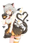  animal_ears bangs bare_shoulders bat blush breasts brown_eyes cat_ears cat_tail cleavage collarbone commentary cowboy_shot dress earrings eyebrows_visible_through_hair fang girls_frontline glasses grey_hair hair_between_eyes hairband hand_up heart heart_tail highres jewelry looking_at_viewer medium_breasts multiple_tails open_mouth orange_dress orange_legwear paw_pose paws ronopu semi-rimless_eyewear short_hair silver_hair simple_background single_thighhigh solo star starry_background tail thigh_strap thighhighs two_tails under-rim_eyewear vector_(girls_frontline) white_background yellow-framed_eyewear 