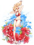  1girl absurdres armpits arms_behind_head bare_shoulders bikini blonde_hair blue_sky blush breasts chromatic_aberration cloud fate/apocrypha fate/grand_order fate_(series) floral_background full_body green_eyes grin hair_scrunchie hibiscus highres leg_up looking_at_viewer medium_breasts mordred_(swimsuit_rider)_(fate) navel one_leg_raised parted_lips ponytail rakugakiii red_bikini red_flower saber_of_red scrunchie side-tie_bikini sidelocks sky smile solo swimsuit teeth thighs waifu2x water water_drop 