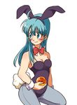  animal_ears annoyed bare_shoulders blue_eyes blue_hair blush bow bowtie bulma bunny_ears bunny_tail bunnysuit collarbone detached_collar dragon_ball dragon_ball_(classic) dragon_ball_(object) embarrassed holding long_hair looking_away pantyhose simple_background solo tail tkgsize white_background 